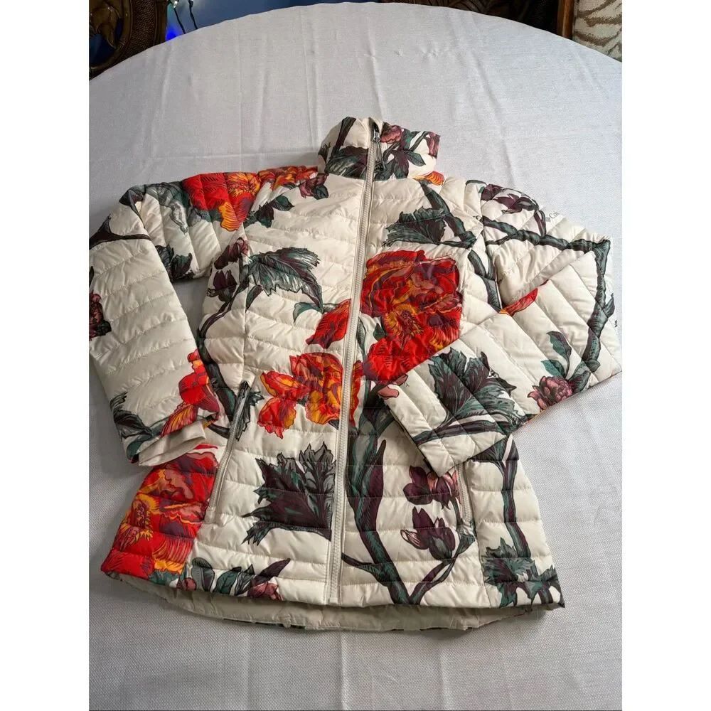 Columbia Puffer Jacket Women Cream Floral Excellent Omni-Heat Size Small